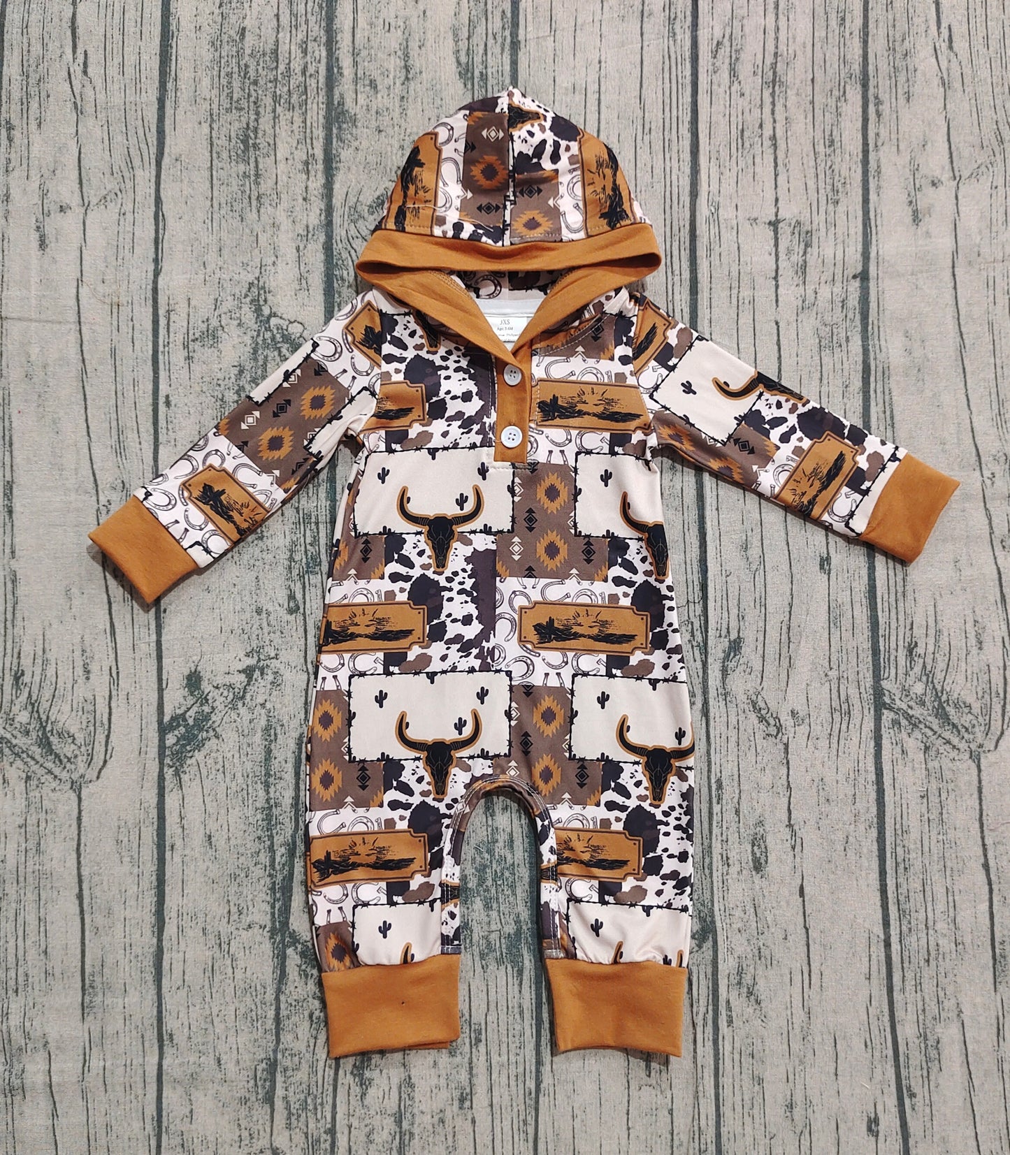 9.15 LR2592 Sample No Moq Fast Coming Baby Boys Brown Aztec Bull Skulls Western Button Hoodie Footie Rompers