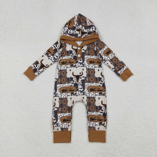 10.10 RTS NO MOQ （In stock）LR2592 Baby Boys Winter Rompers Baby Boys Brown Aztec Bull Skulls Western Hoodie Footie Rompers