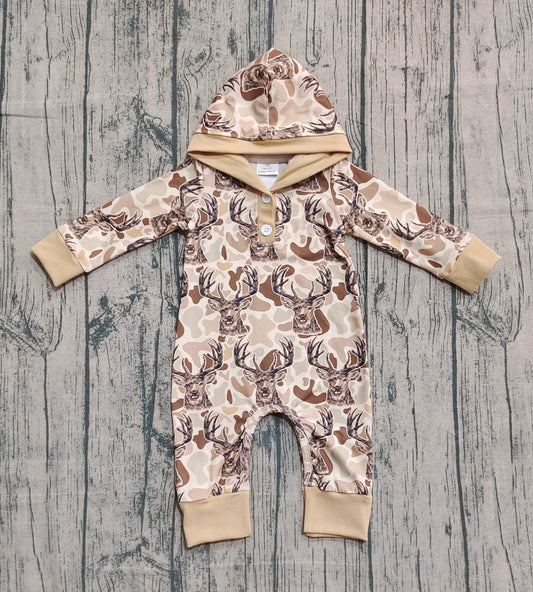 9.15 LR2593 Sample No Moq Fast Coming Baby Boys Khaki Camo Deer Western Button Hoodie Footie Rompers