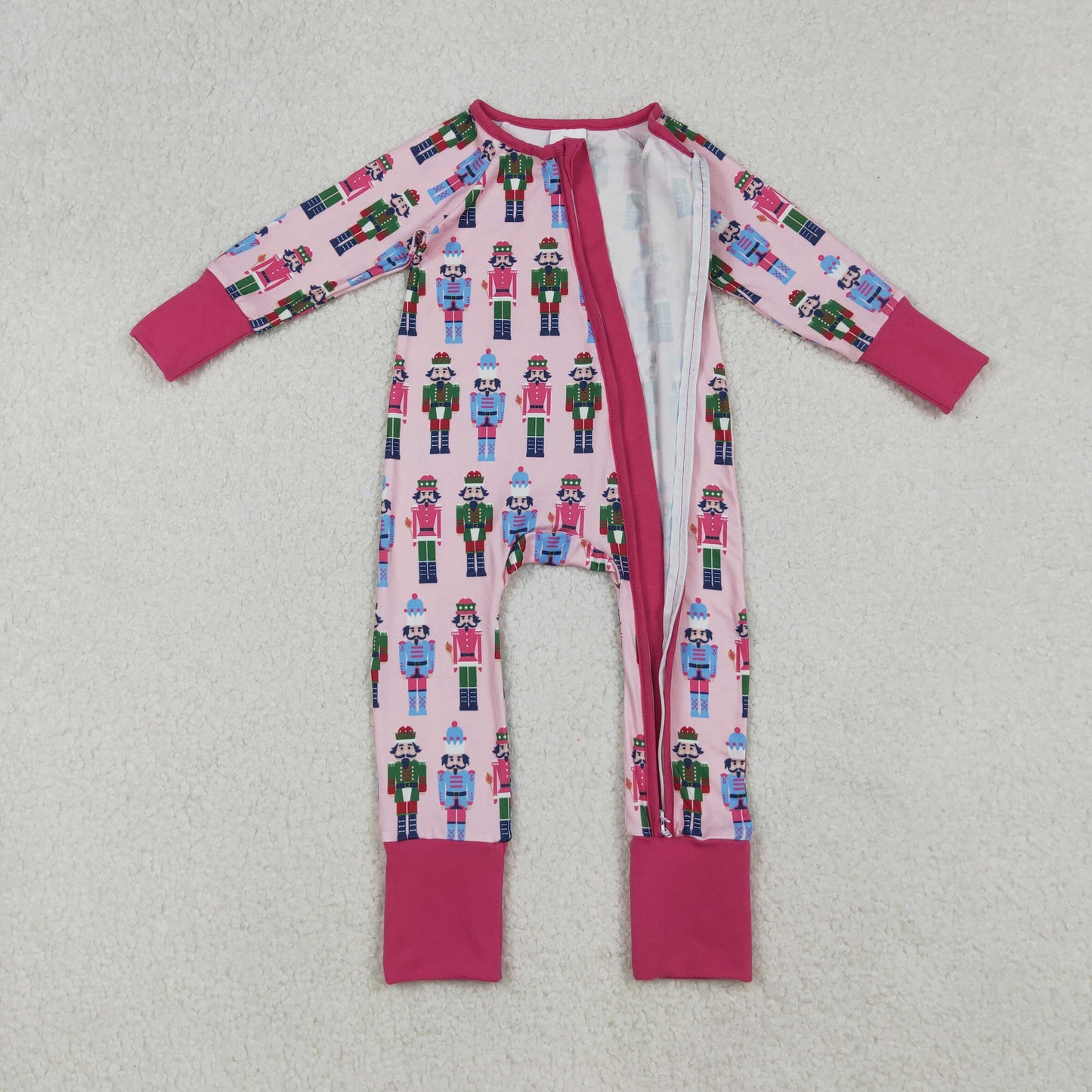 RTS NO MOQ （In stock） LR2598  Baby Girls Winter Rompers Christmas Soldiers Pink Zipper Footie Rompers