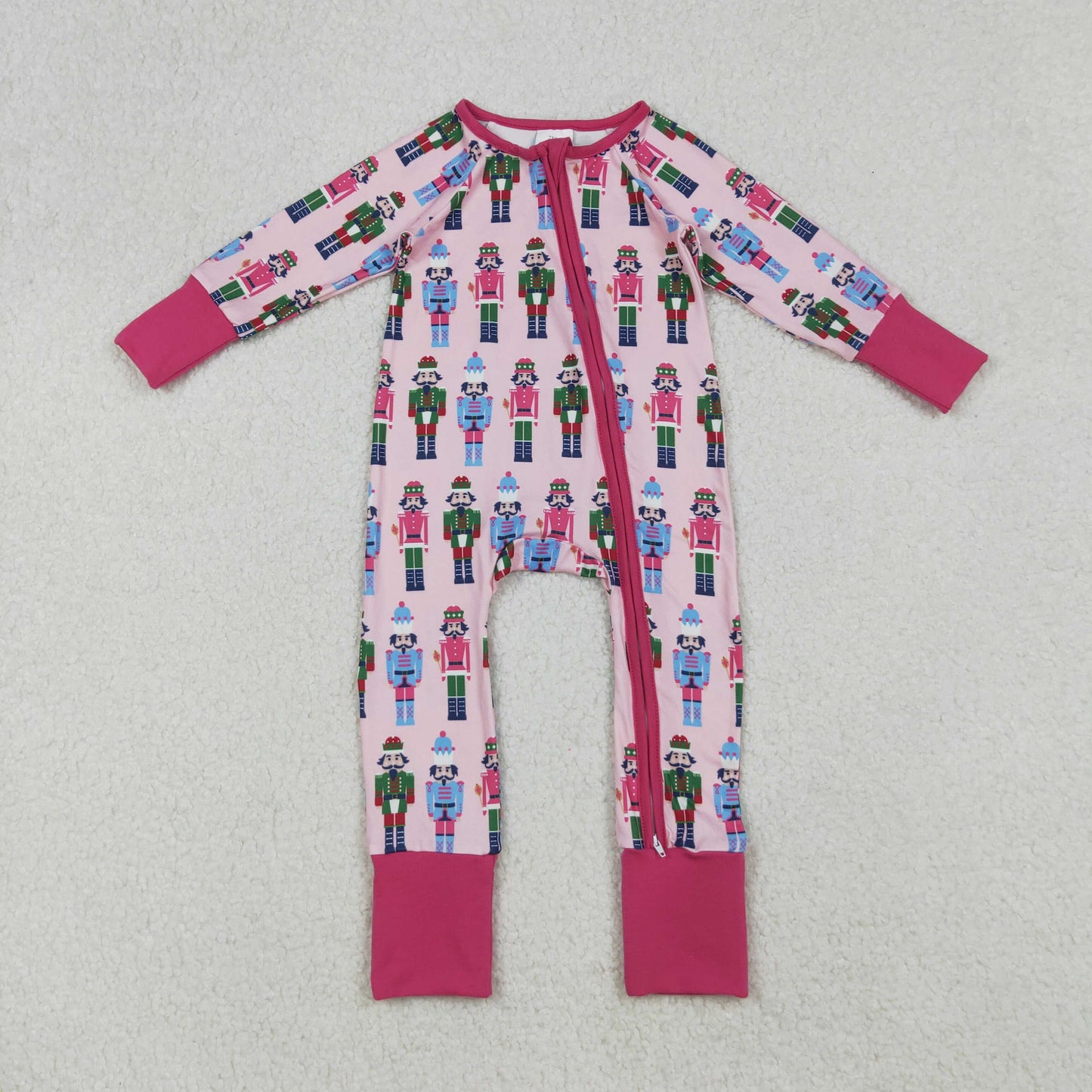 RTS NO MOQ （In stock） LR2598  Baby Girls Winter Rompers Christmas Soldiers Pink Zipper Footie Rompers