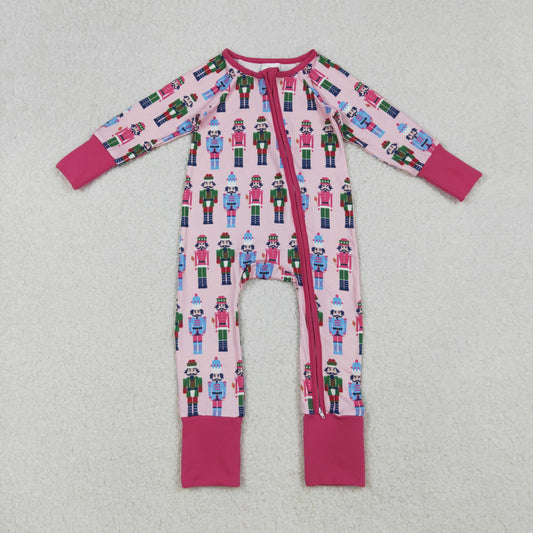 RTS NO MOQ （In stock） LR2598  Baby Girls Winter Rompers Christmas Soldiers Pink Zipper Footie Rompers