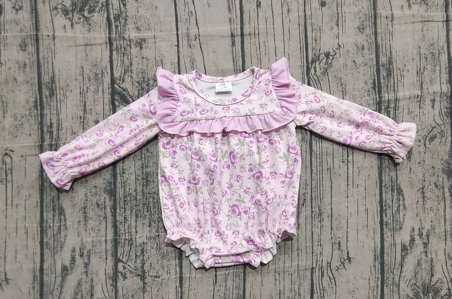 11.13 LR2624 Sample No Moq Baby Girls Long Sleeve Lavender Flowers Ruffle Rompers