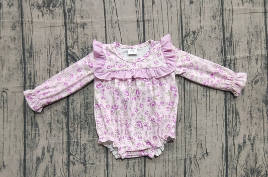 11.13 LR2624 Sample No Moq Baby Girls Long Sleeve Lavender Flowers Ruffle Rompers