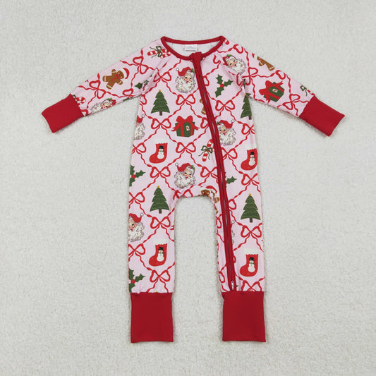 9.29 RTS NO MOQ （In stock）LR2632 Baby Girls Winter Rompers Baby Girls Red Bows Santa Gifts Checked Christmas Zipper Footie Rompers