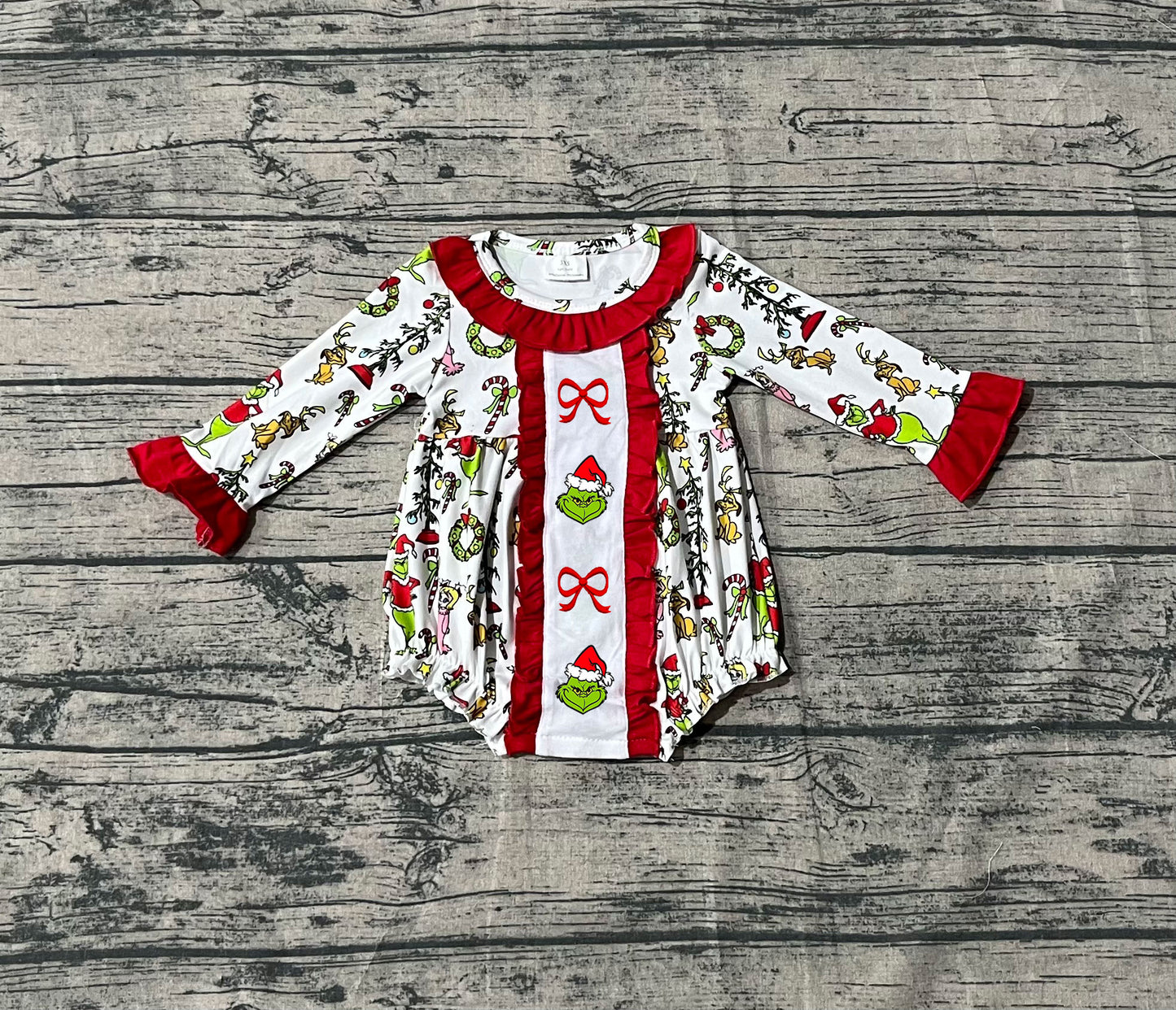 9.16 LR2635 Sample No Moq Fast Coming Green Face Miss Bows Christmas Ruffle Rompers