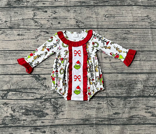 9.16 LR2635 Sample No Moq Fast Coming Green Face Miss Bows Christmas Ruffle Rompers