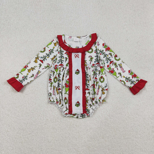 10.15 RTS NO MOQ （In stock）LR2635 Baby Girls Winter Rompers Baby Girls Grin Bows Holly Christmas Ruffle Collar Rompers