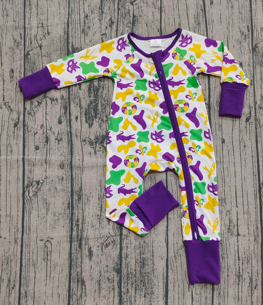 9.19 LR2637 Sample No Moq Fast Coming Baby Boys Purple Yellow Green Camo Crayfishes Mardi Gras Zipper Footie Rompers