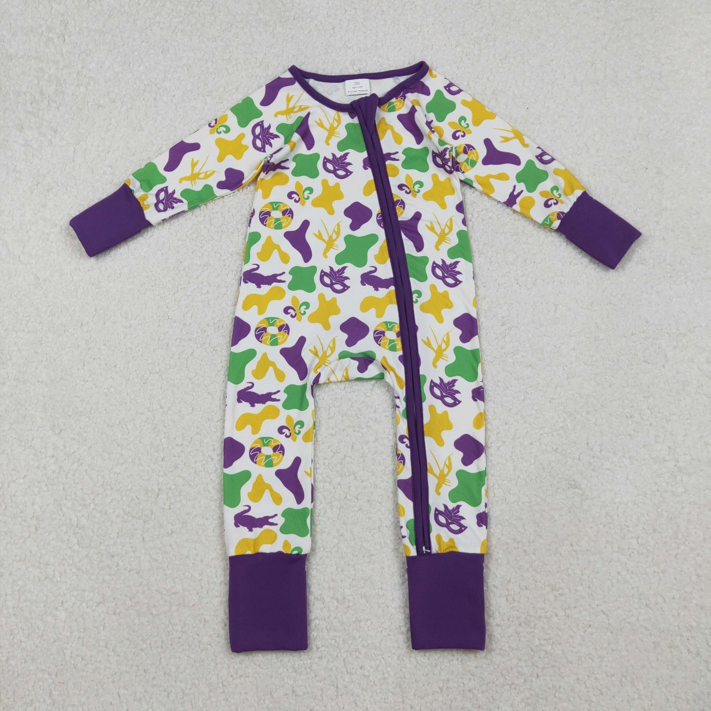 10.15 RTS NO MOQ （In stock）LR2637 Baby Boys Winter Rompers Baby Boys Camo Crayfishes Mardigras Zipper Footie Rompers