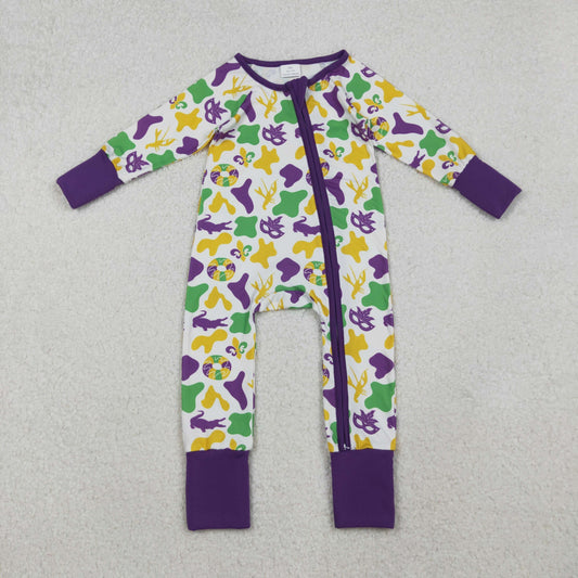 10.15 RTS NO MOQ （In stock）LR2637 Baby Boys Winter Rompers Baby Boys Camo Crayfishes Mardigras Zipper Footie Rompers
