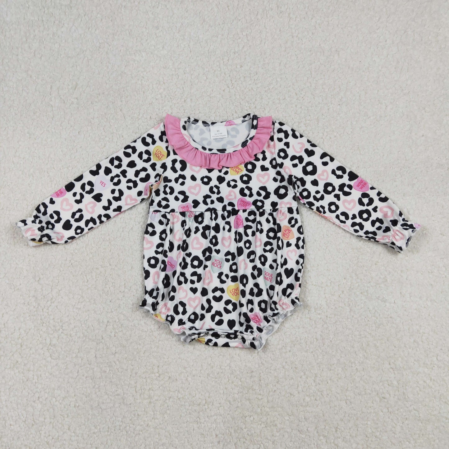12.22 RTS NO MOQ （In stock）LR2638 Baby Girls Winter Rompers Baby Girls Leopard Hearts Valentines Ruffle Collar Rompers
