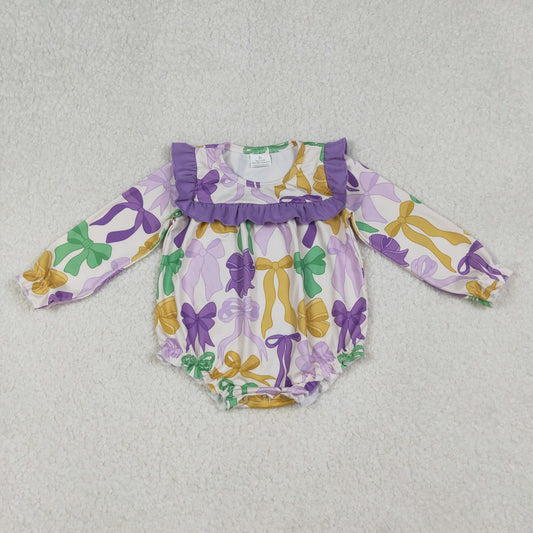 10.1 RTS NO MOQ （In stock）LR2642 Baby Girls Winter Rompers Baby Girls Mardigras Bows Ruffle Sleeve Rompers