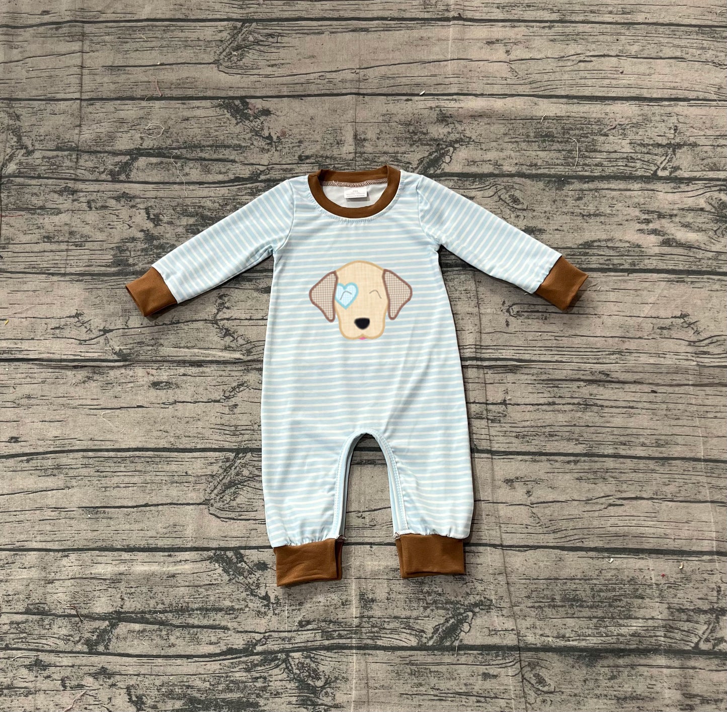 11.10 LR2659 Sample No Moq Embroidery Heart Dog Baby Boys Blue Stripe Valentines Footie Rompers