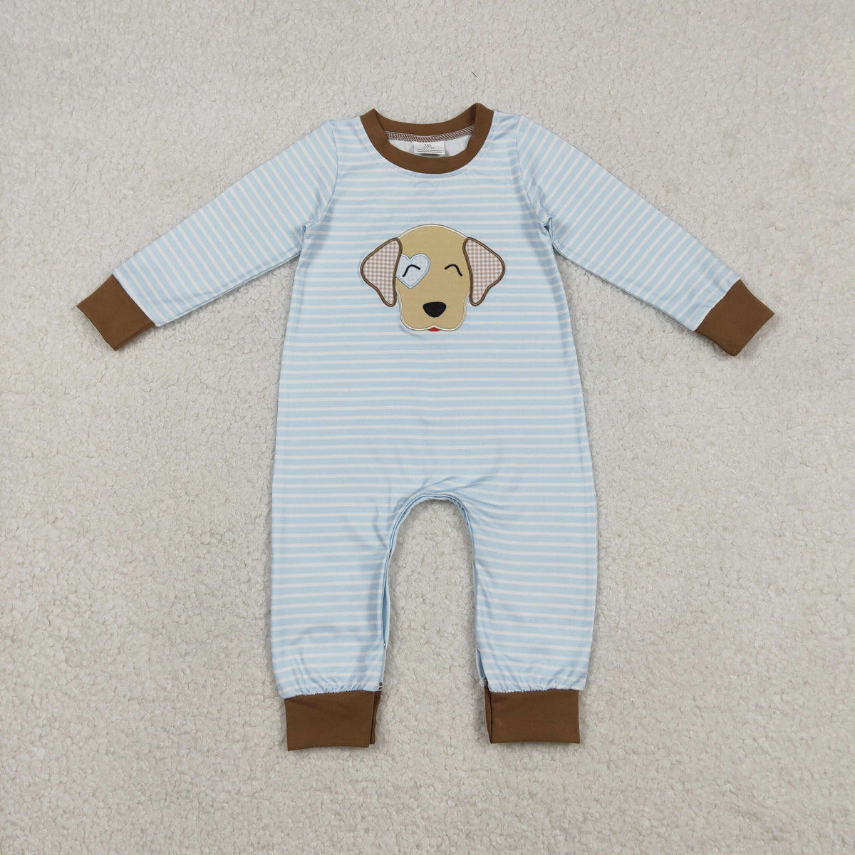 RTS NO MOQ Sibling Embroidery Baby Boys Blue Stripe Valentines Footie Rompers