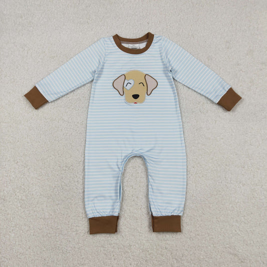 12.15 RTS NO MOQ （In stock）LR2659 Baby Boys Winter Rompers Embroidery Dog Baby Boys Blue Stripe Valentines Footie Rompers