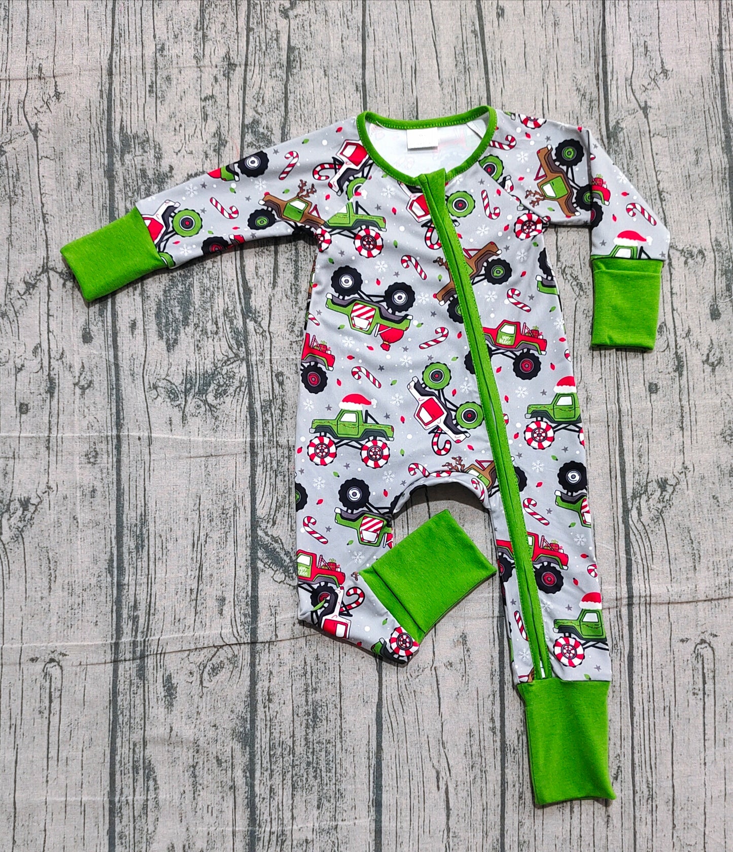 10.20 LR2669 Sample No Moq Baby Boys Trucks Candy Cane Christmas Zipper Footie Rompers