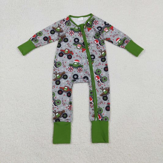 11.3 RTS NO MOQ （In stock）LR2669 Baby Boys Winter Rompers Baby Boys Trucks Candy Cane Christmas Two Way Zip Convertible