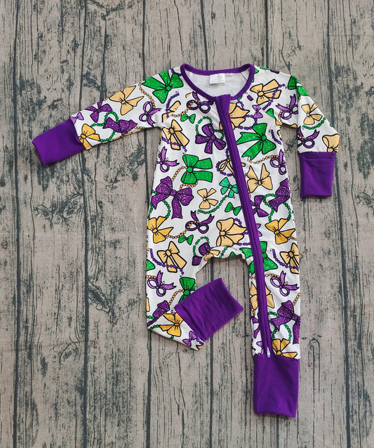 9.24 LR2678 Sample No Moq Baby Boys Mardigras Bows Masks Zipper Footie Rompers