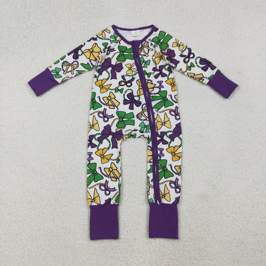 10.13 RTS NO MOQ （In stock）LR2678 Baby Girls Winter Rompers Baby Girls Mardigras Bows Masks Zipper Footie Rompers