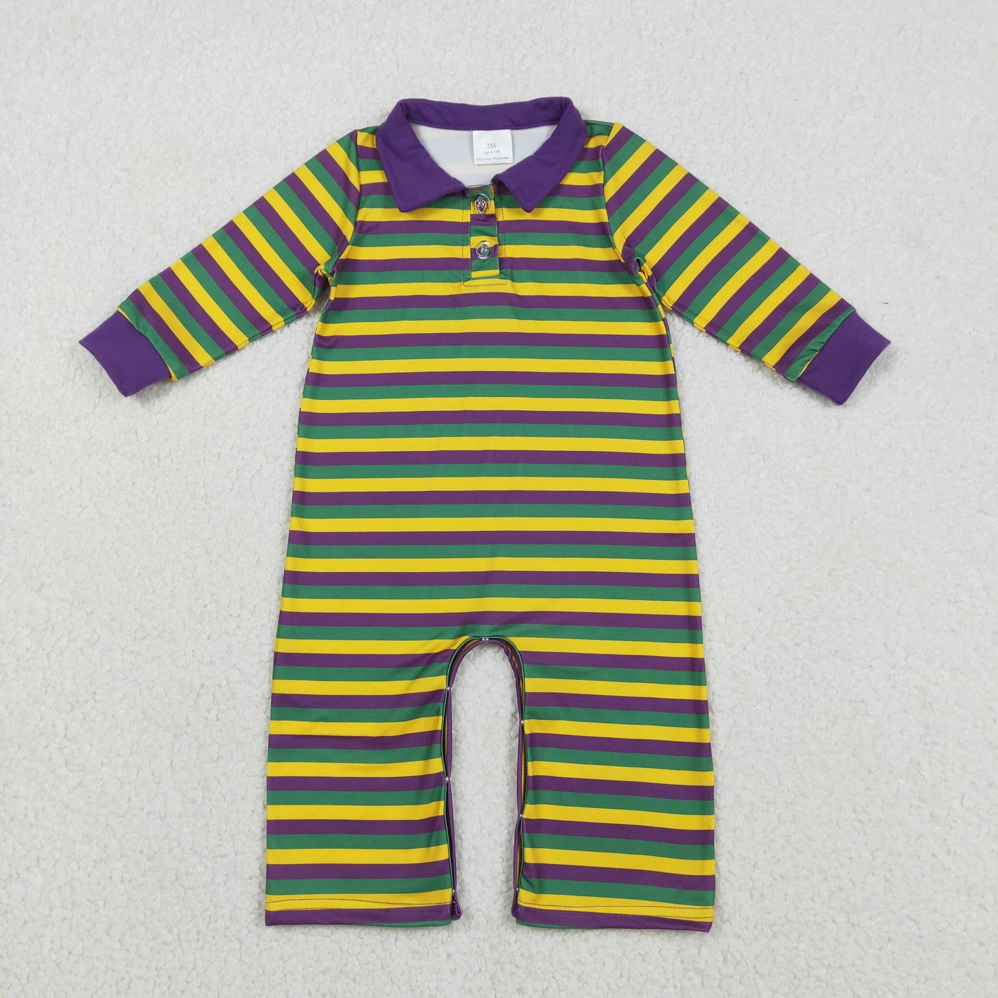 12.12 RTS NO MOQ （In stock）LR2679 Baby Girls Winter Rompers Baby Girls Purple Yellow Green Stripe Button Mardigras Button Footie Romper