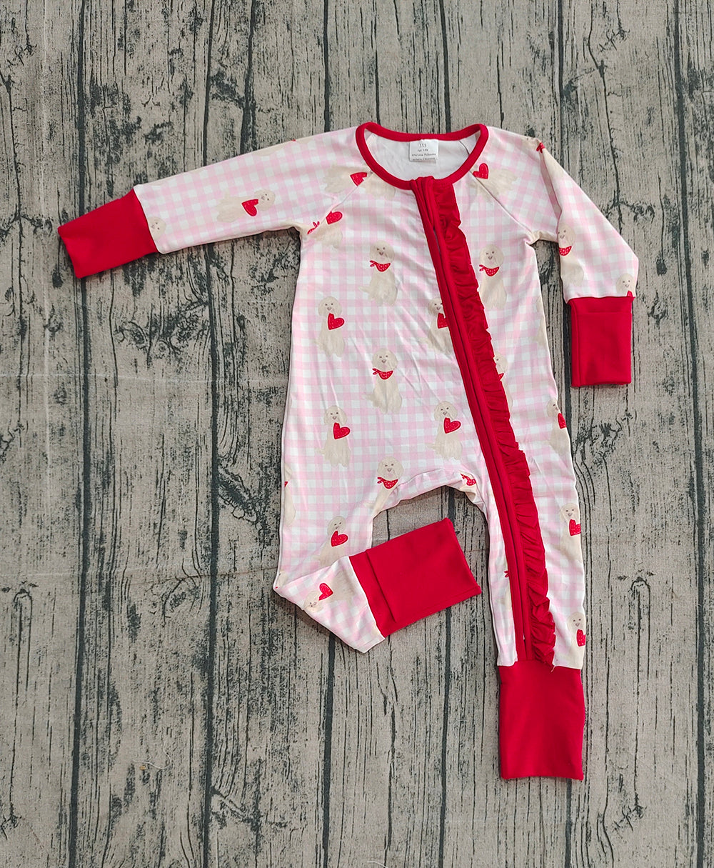 10.3 LR2681 Sample No Moq Baby Girls Pink Checked Dogs Hearts Valentine Ruffle Zipper Footie Romper