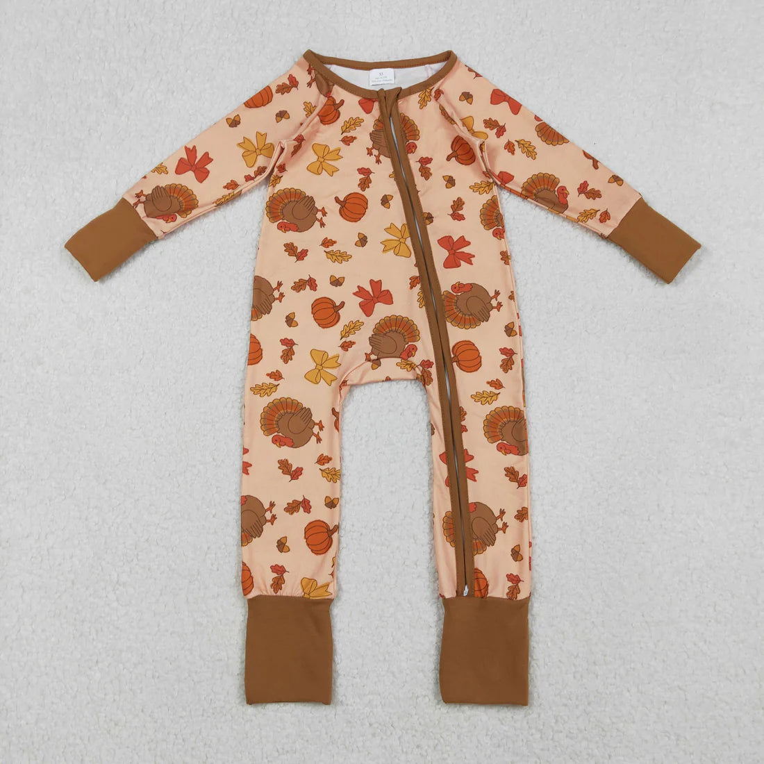 12.11 RTS Sibling Baby Kids Turkey Pie Pumpkins Thanksgiving Two Way Zip Convertible Rompers