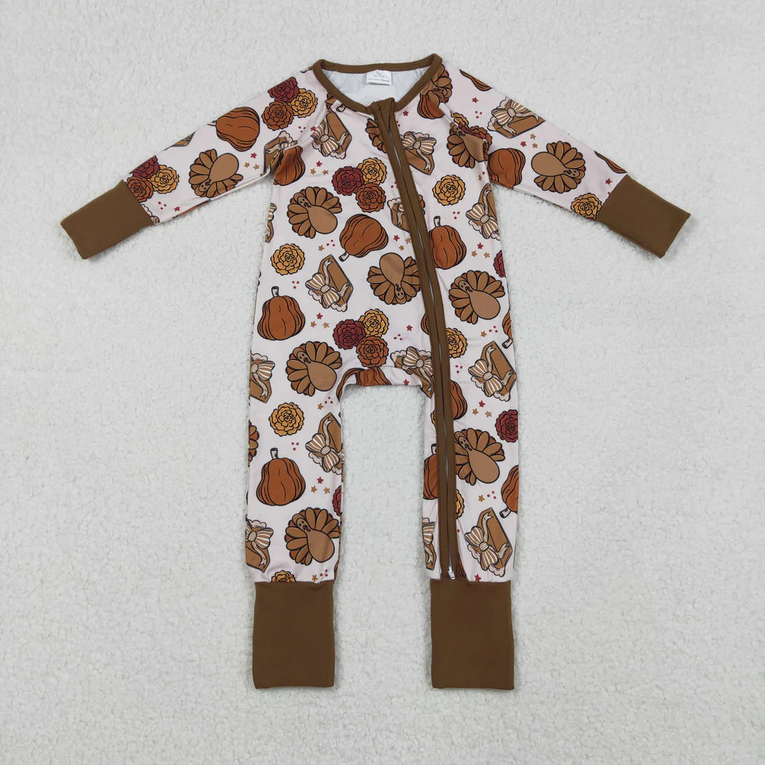 12.11 RTS Sibling Baby Kids Turkey Pie Pumpkins Thanksgiving Two Way Zip Convertible Rompers