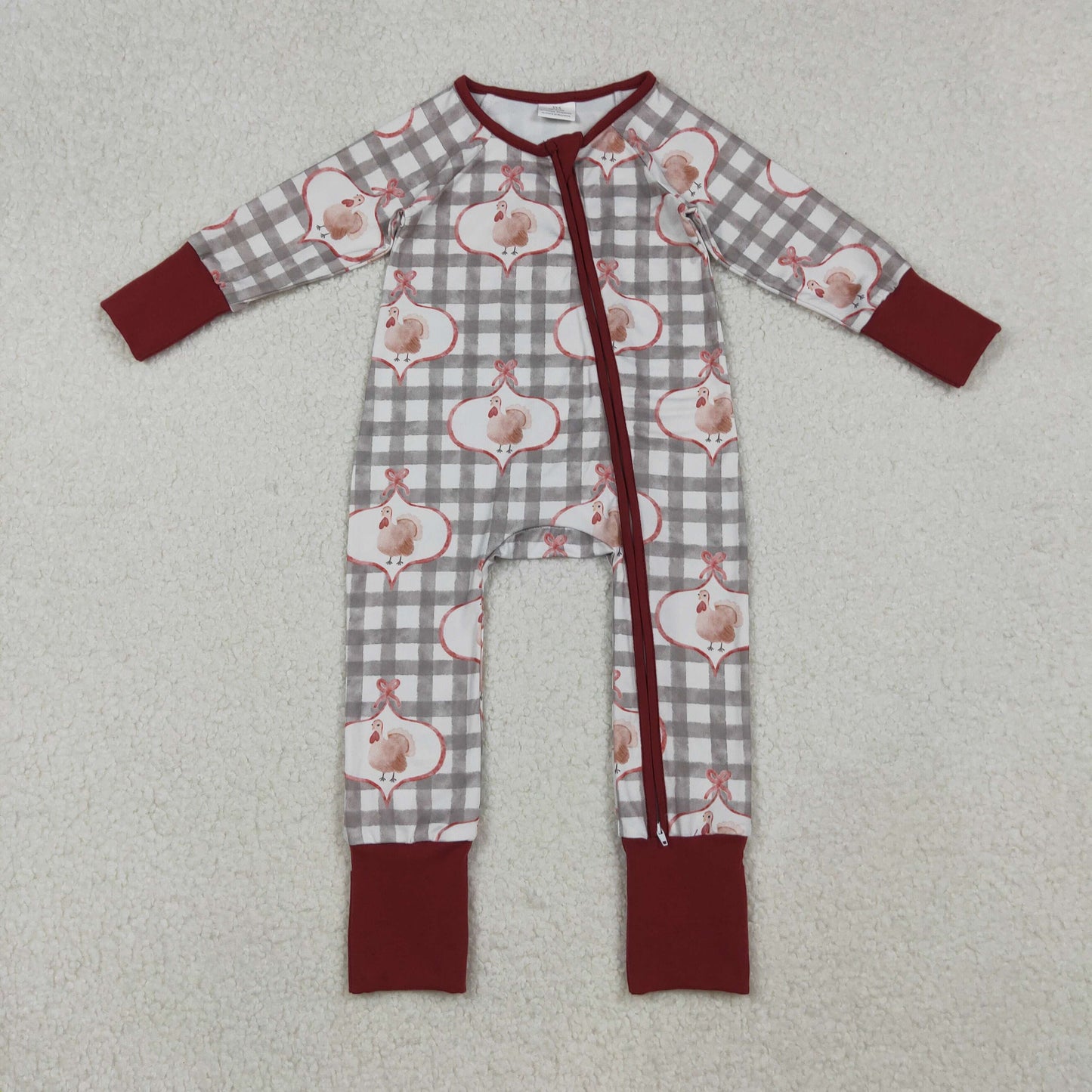 10.10 RTS NO MOQ （In stock）LR2691 Baby Boys Winter Rompers Baby Boys Turkey Checked Thanksgiving Zipper Footie Rompers