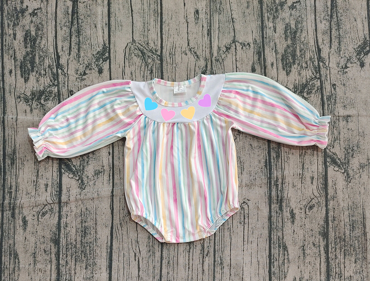 10.3 LR2695 Sample No Moq Embroidery Hearts Baby Girls Colorful Stripe Valentine Ruffle Rompers