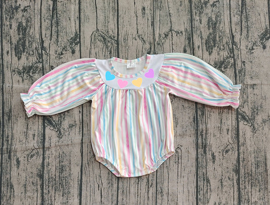 10.3 LR2695 Sample No Moq Embroidery Hearts Baby Girls Colorful Stripe Valentine Ruffle Rompers