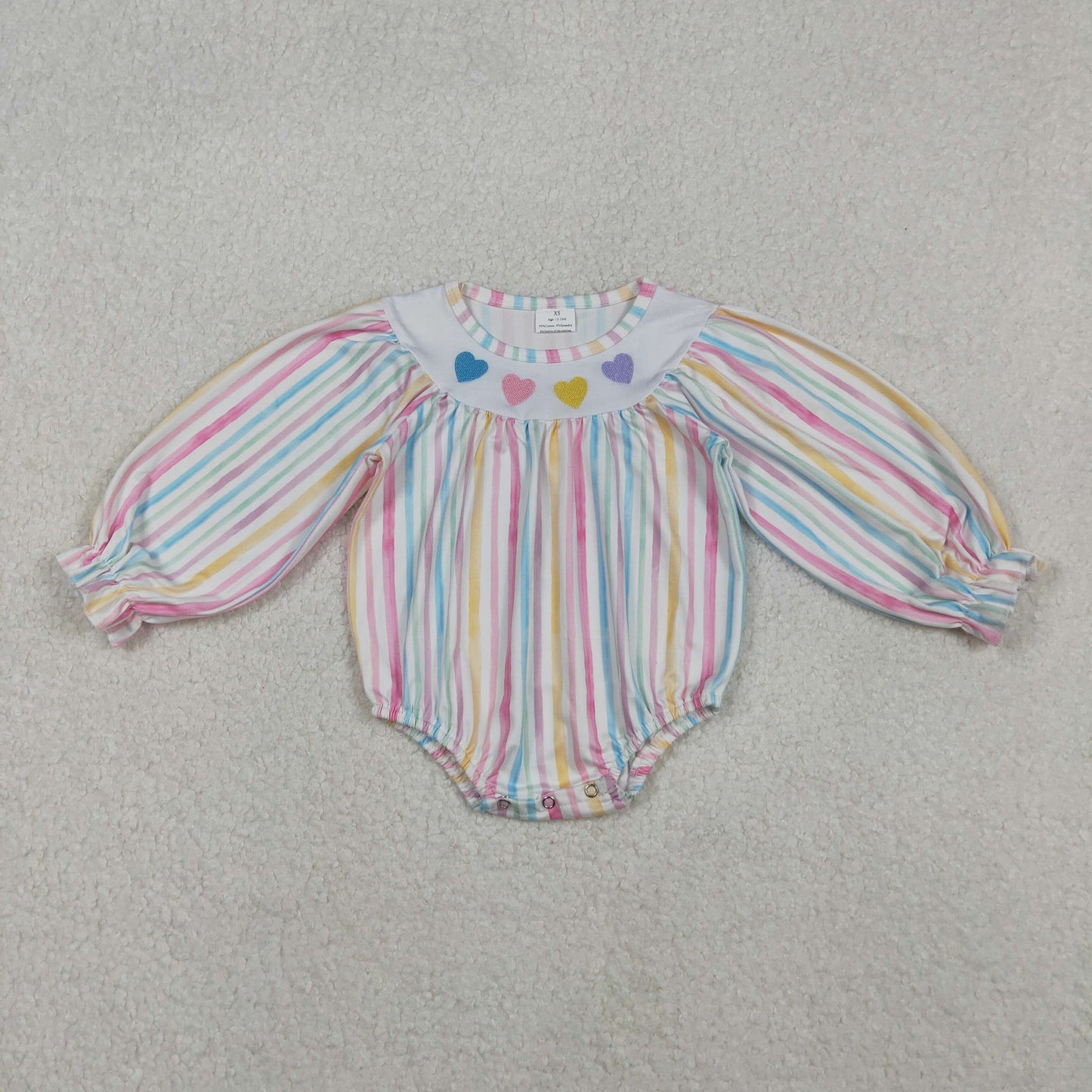 11.6 RTS NO MOQ （In stock）LR2695 Baby Girls Winter Rompers Embroidery Hearts Baby Girls Colorful Stripe Valentine Ruffle Rompers
