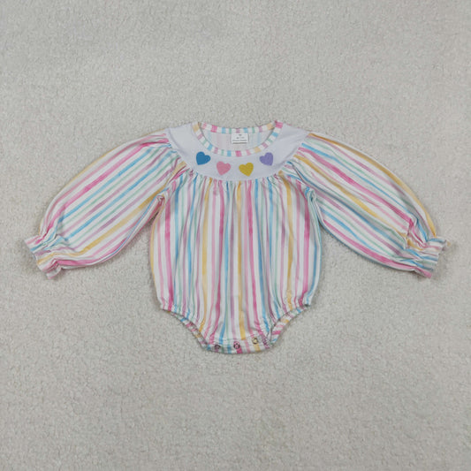 11.6 RTS NO MOQ （In stock）LR2695 Baby Girls Winter Rompers Embroidery Hearts Baby Girls Colorful Stripe Valentine Ruffle Rompers