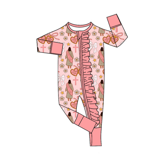 9.20 LR2697 Baby Girls Pink Nativity Crosses Christmas Ruffle Zipper Footie Rompers Preorder
