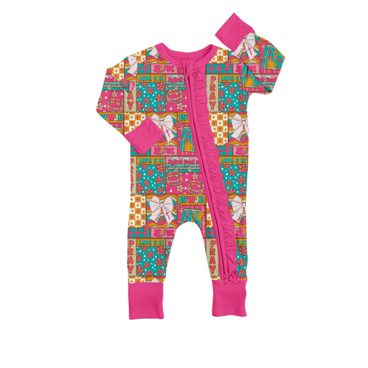 9.20 LR2698 Baby Girls Pink Bows Flowers Checked Ruffle Zipper Footie Rompers Preorder