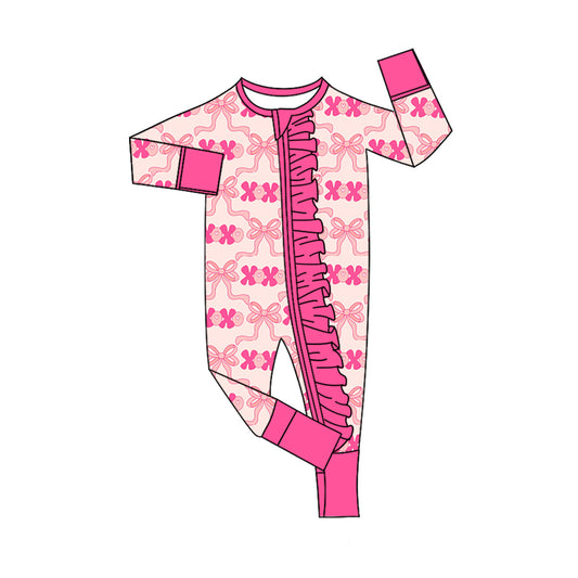 9.20 LR2699 Baby Girls Pink Bows XOXO Valentine Ruffle Zipper Footie Rompers Preorder
