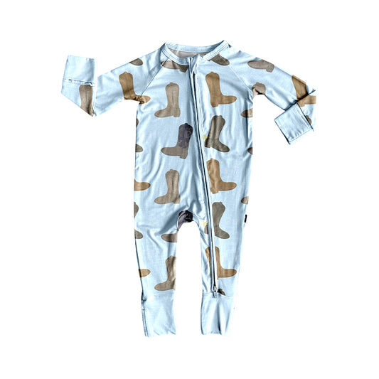 9.22 LR2704 Baby Boys Blue Boots Western Zipper Footie Rompers Preorder