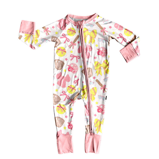 9.23 LR2705 Baby Girls Pink Yellow Bows Baseballs Team Zipper Footie Rompers Preorder