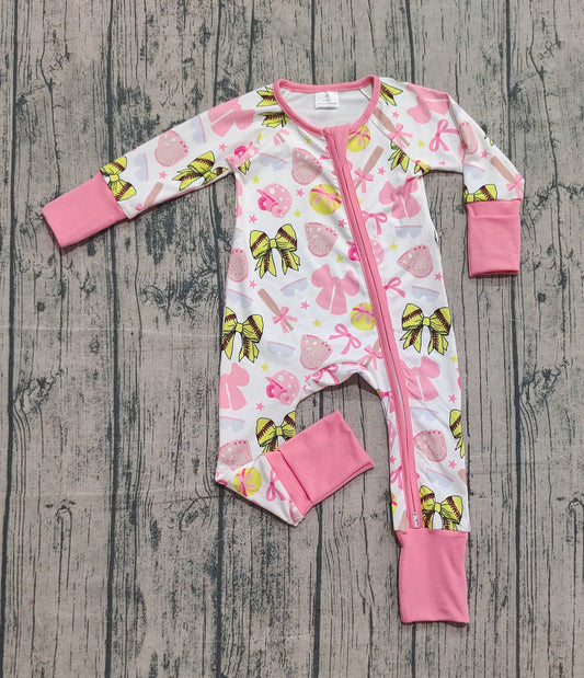 10.1 LR2705 Sample No Moq Baby Girls Pink Yellow Bows Baseballs Team Zipper Footie Rompers