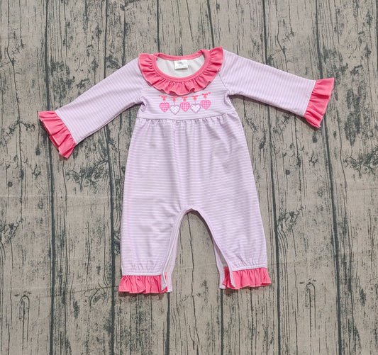 10.1 LR2706 Sample No Moq Embroidery Hearts Baby Girls Stripe Valentine Ruffle Footie Rompers