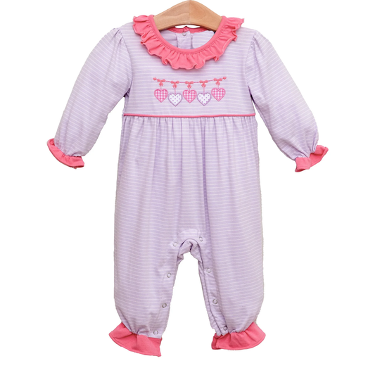 9.23 LR2706 Baby Girls Hearts Lavender Stripe Valentine Ruffle Footie Rompers Preorder