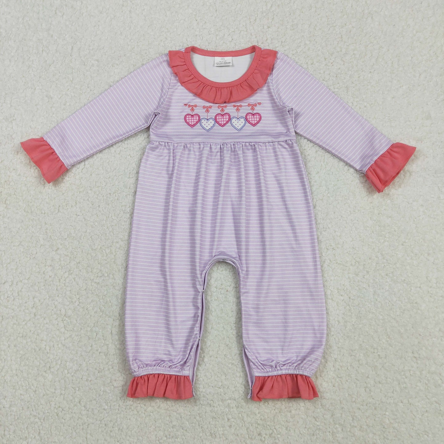 11.14 RTS NO MOQ （In stock）LR2706 Baby Girls Winter Rompers Embroidery Bows Hearts Baby Girls Pink Stripe Valentine Ruffle Collar Rompers