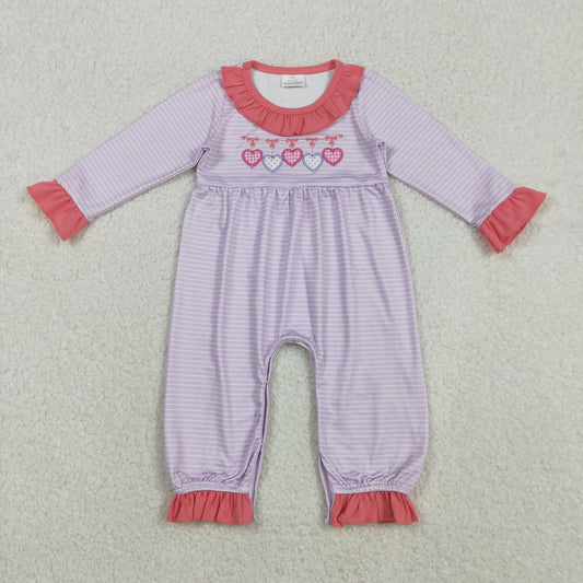 11.14 RTS NO MOQ （In stock）LR2706 Baby Girls Winter Rompers Embroidery Bows Hearts Baby Girls Pink Stripe Valentine Ruffle Collar Rompers