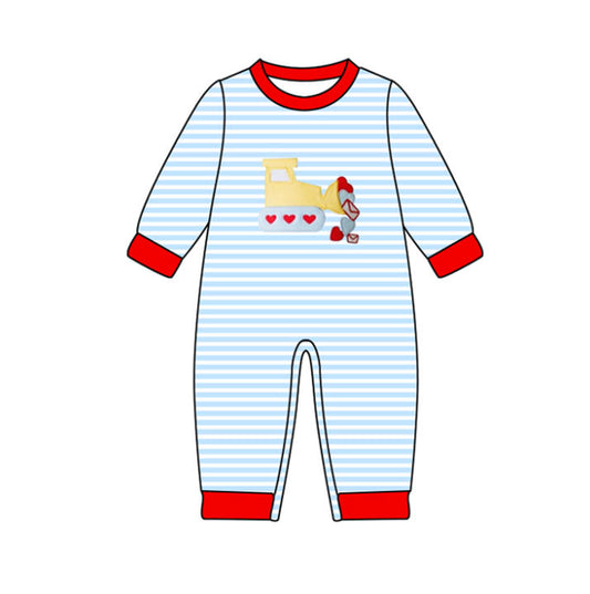 9.23 LR2708 Baby Boys Hearts Excavator Blue Stripe Valentine Footie Rompers Preorder