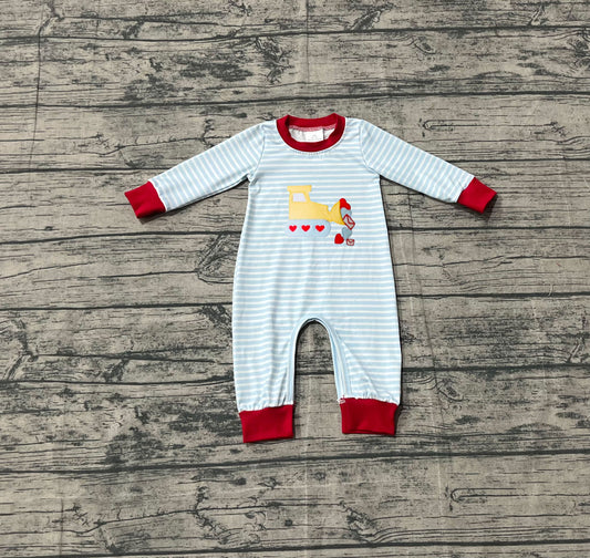 10.4 LR2708 Sample No Moq Embroidery Hearts Excavator Baby Boys Blue Stripe Valentine Footie Rompers