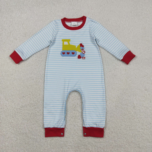 11.24 RTS NO MOQ （In stock）LR2708 Baby Boys Winter Rompers Embroidery Hearts Excavator Baby Boys Blue Stripe Valentines Footie Rompers