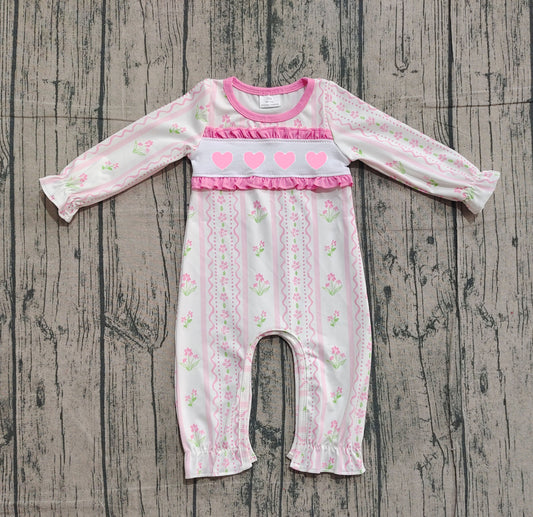 10.29 LR2714 Sample No Moq Embroidery Hearts Baby Girls Flowers Stripe Valentine Ruffle Footie Rompers