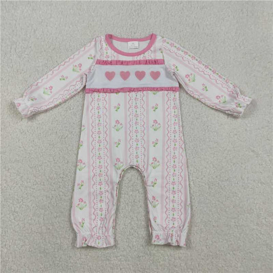 11.29 RTS NO MOQ （In stock）LR2714 Baby Girls Winter Rompers Embroidery Hearts Baby Girls Flowers Stripe Valentines Ruffle Footie Rompers