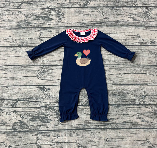 10.4 LR2720 Sample No Moq Embroidery Heart Ducks Baby Girls Ruffle Collar Footie Rompers