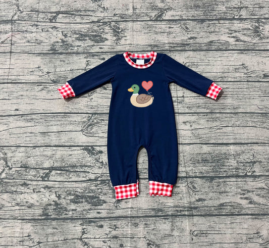 10.4 LR2721 Sample No Moq Embroidery Heart Ducks Baby Boys Navy Footie Rompers